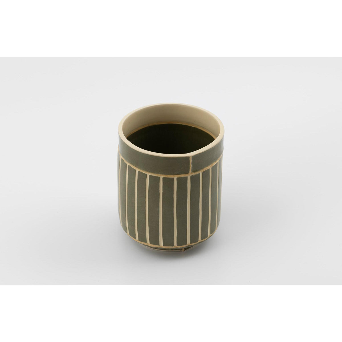 EKW7 Small Vessel | Forest Green Stripe, handbuilt ceramic created by Emily-Kriste Wilcox, available from Padstow Gallery, Cornwall