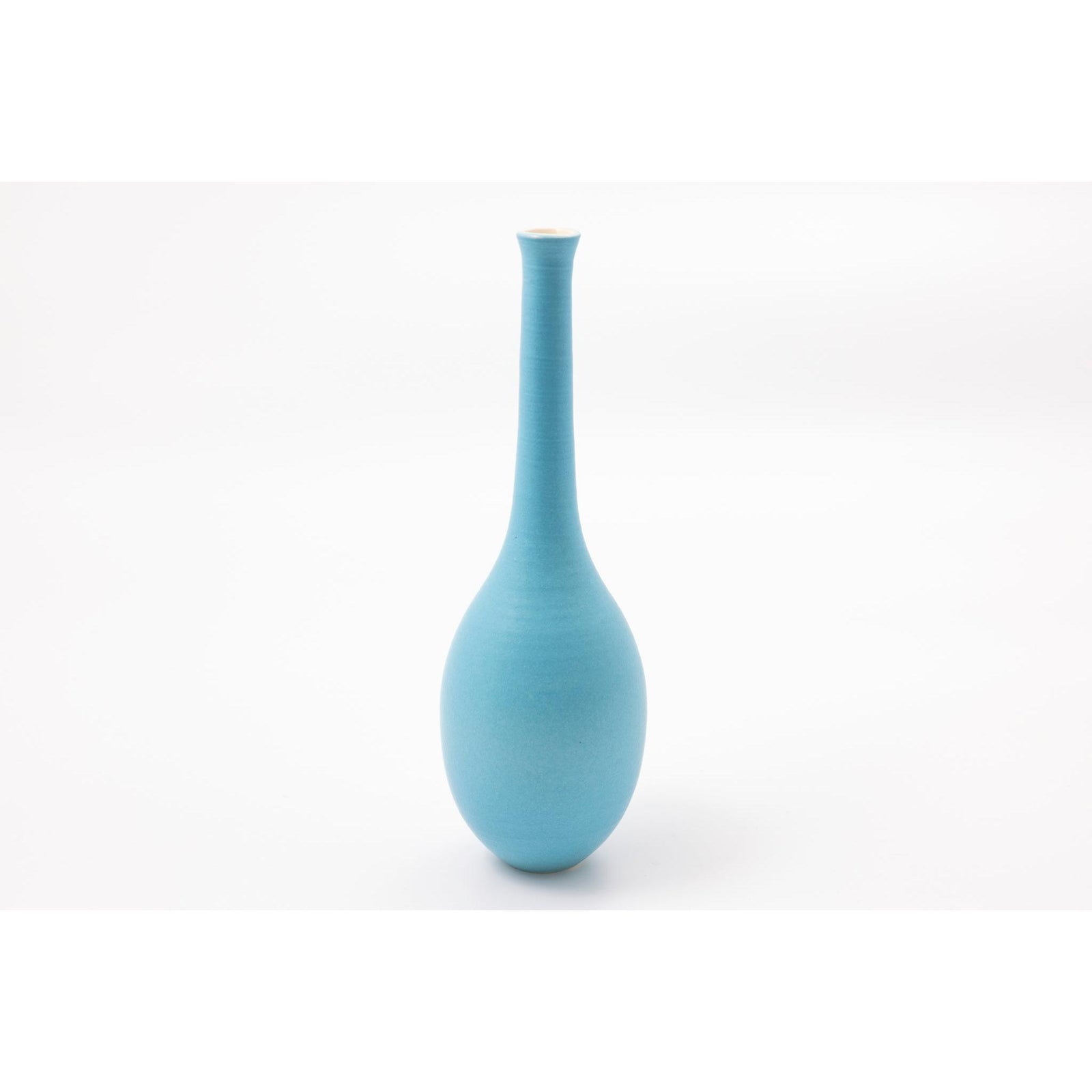 'LB196 Turquoise long-necked oval vase' by Lucy Burley ceramics, available at Padstow Gallery, Cornwall