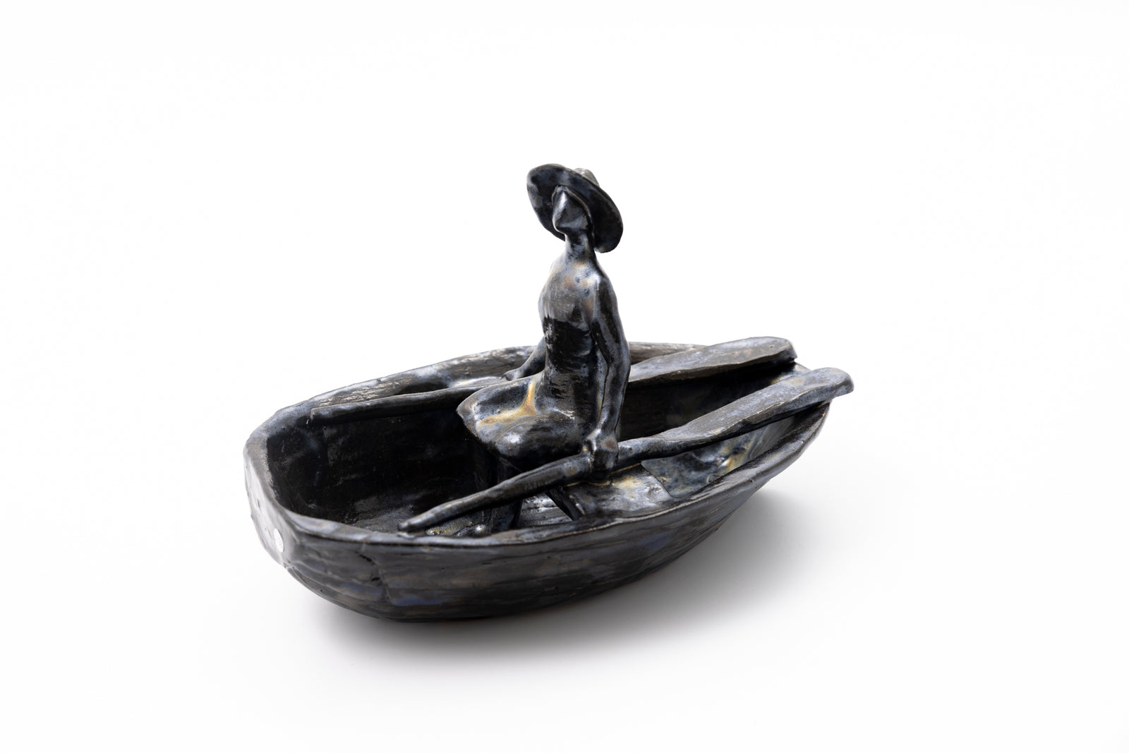 Large Boat with Lady (SH46)' Stoneware Boat by Sophie Howard, available from Padstow Gallery, Cornwall
