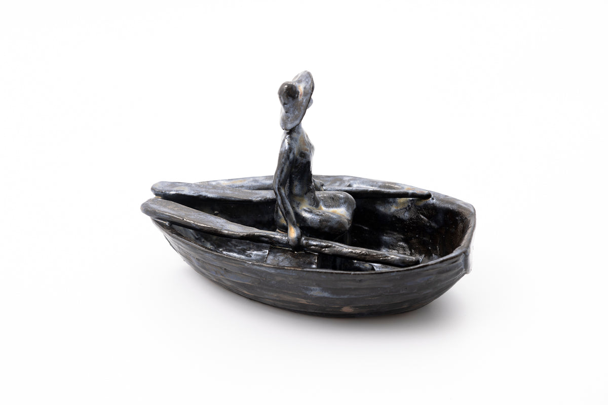 Large Boat with Lady (SH46)' Stoneware Boat by Sophie Howard, available from Padstow Gallery, Cornwall