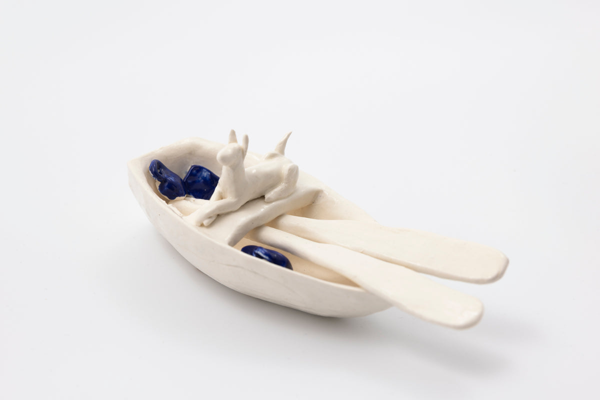 'Blue and White Dog (SH50)' Stoneware Boat by Sophie Howard, available from Padstow Gallery, Cornwall
