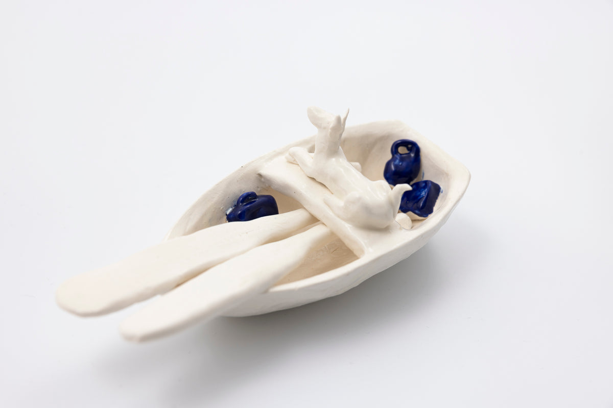 'Blue and White Dog (SH50)' Stoneware Boat by Sophie Howard, available from Padstow Gallery, Cornwall
