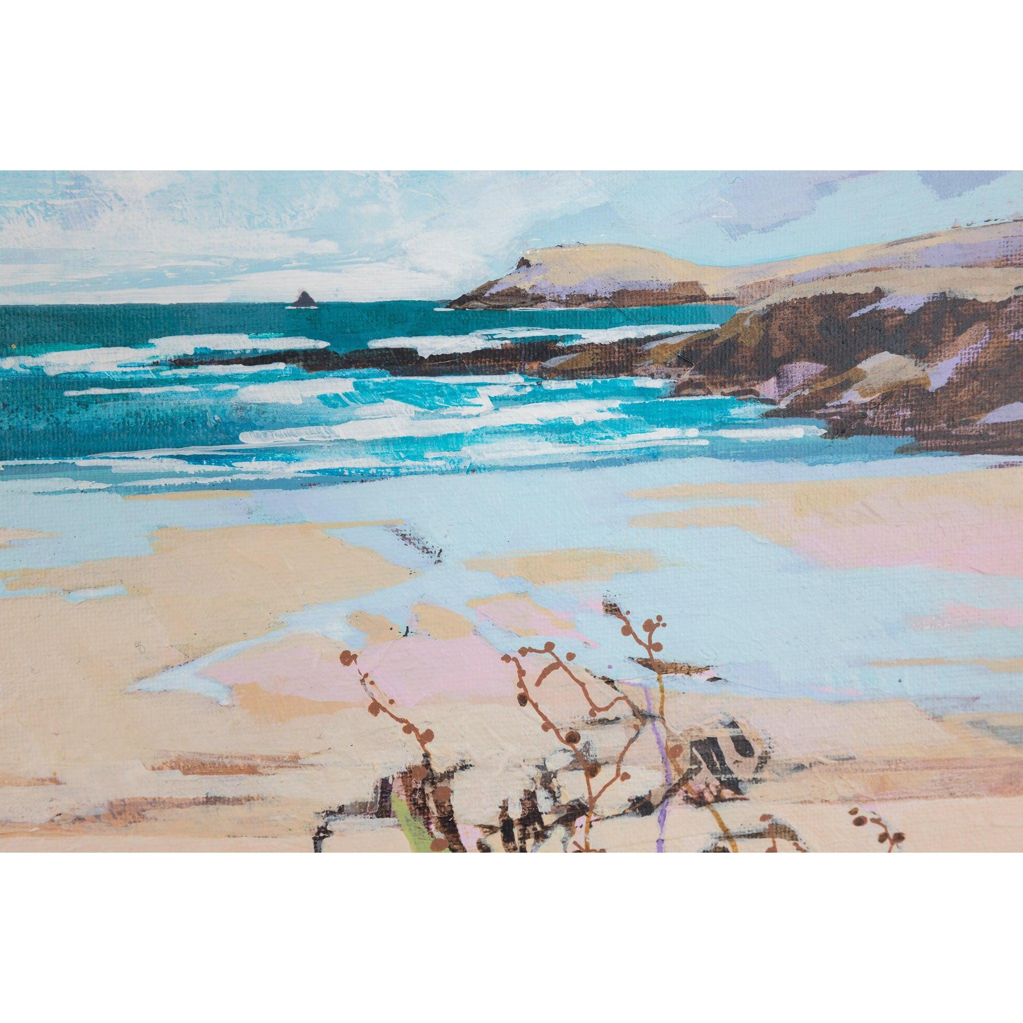 'Treyarnon Bay' mixed media, by Lucy Davies, available at Padstow Gallery, Cornwall