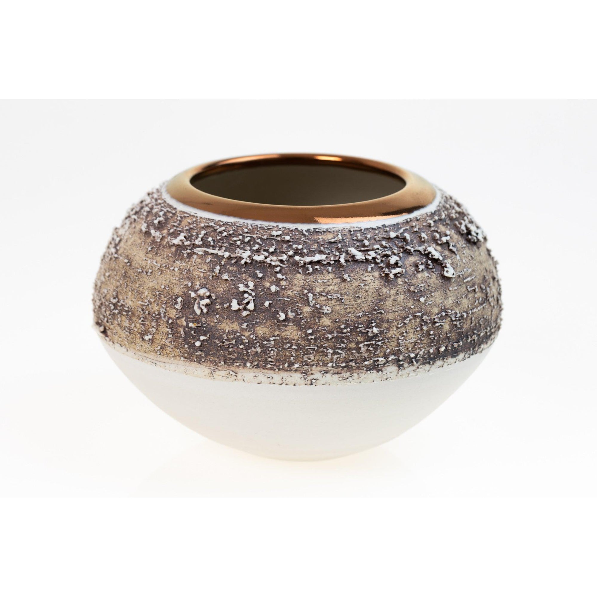 PGX30 Terra Textured Orb with Copper Lustre Rim by Alex McCarthy, available at Padstow Gallery, Cornwall