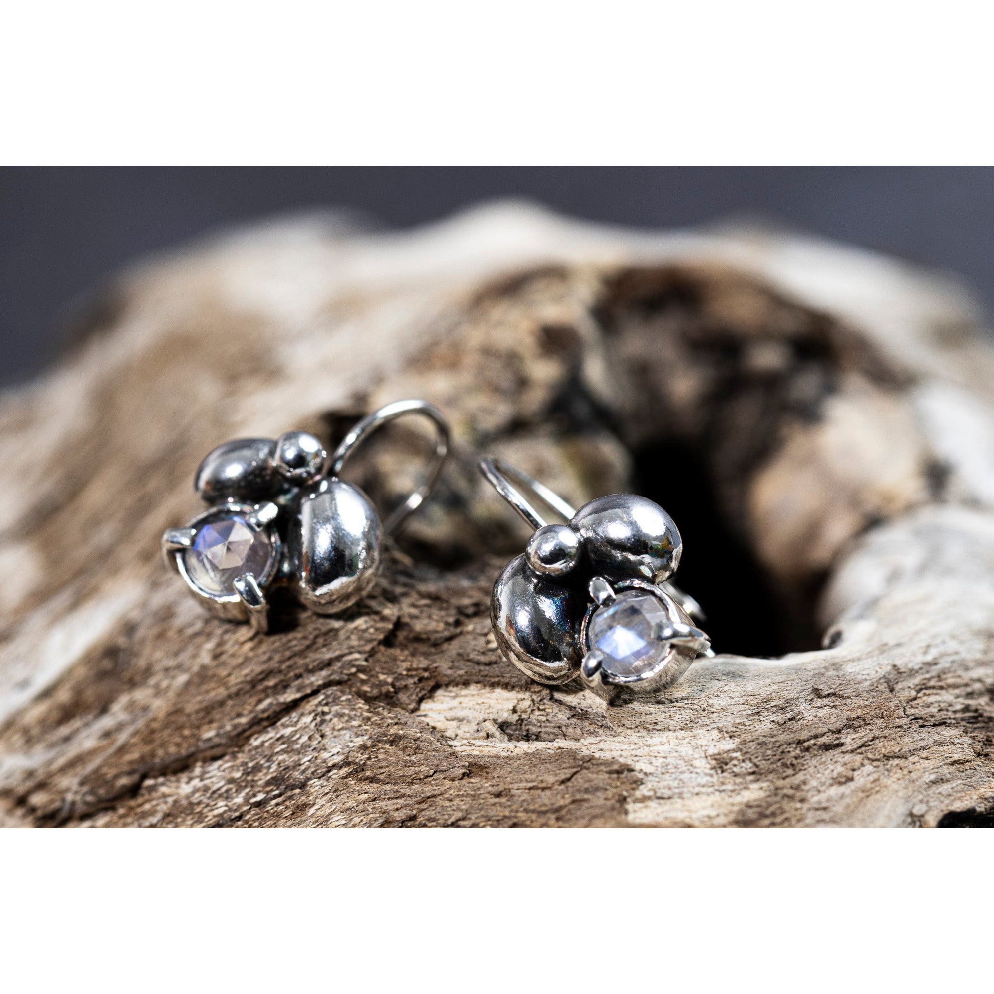 RL14 Moonstone Cluster Drop Earrings by Rebecca Lawley, available at Padstow Gallery, Cornwall