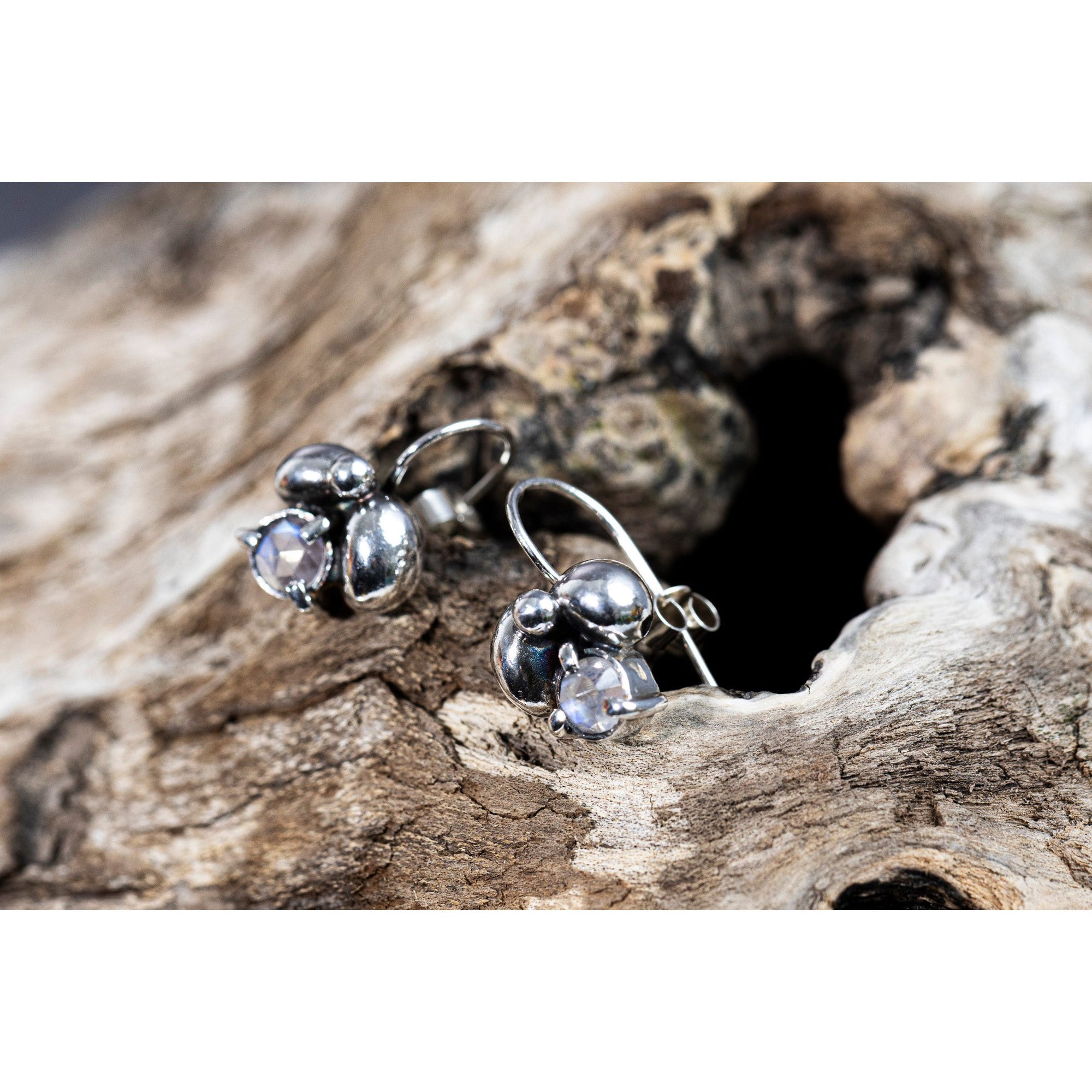 RL14 Moonstone Cluster Drop Earrings by Rebecca Lawley, available at Padstow Gallery, Cornwall