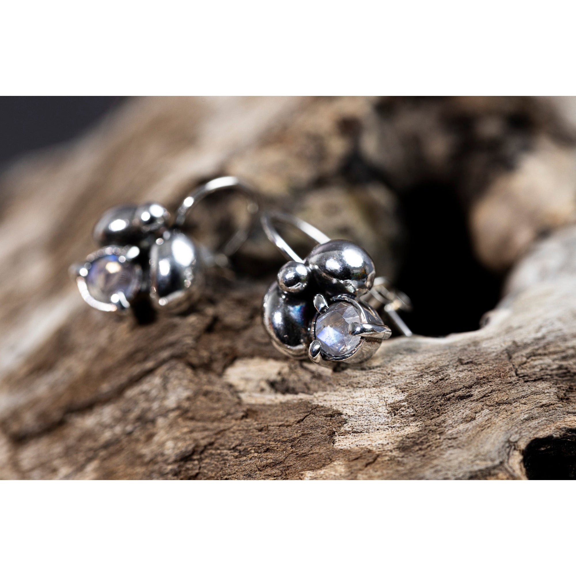 RL14 Moonstone Cluster Drop Earrings by Rebecca Lawley, available at Padstow Gallery, Cornwall