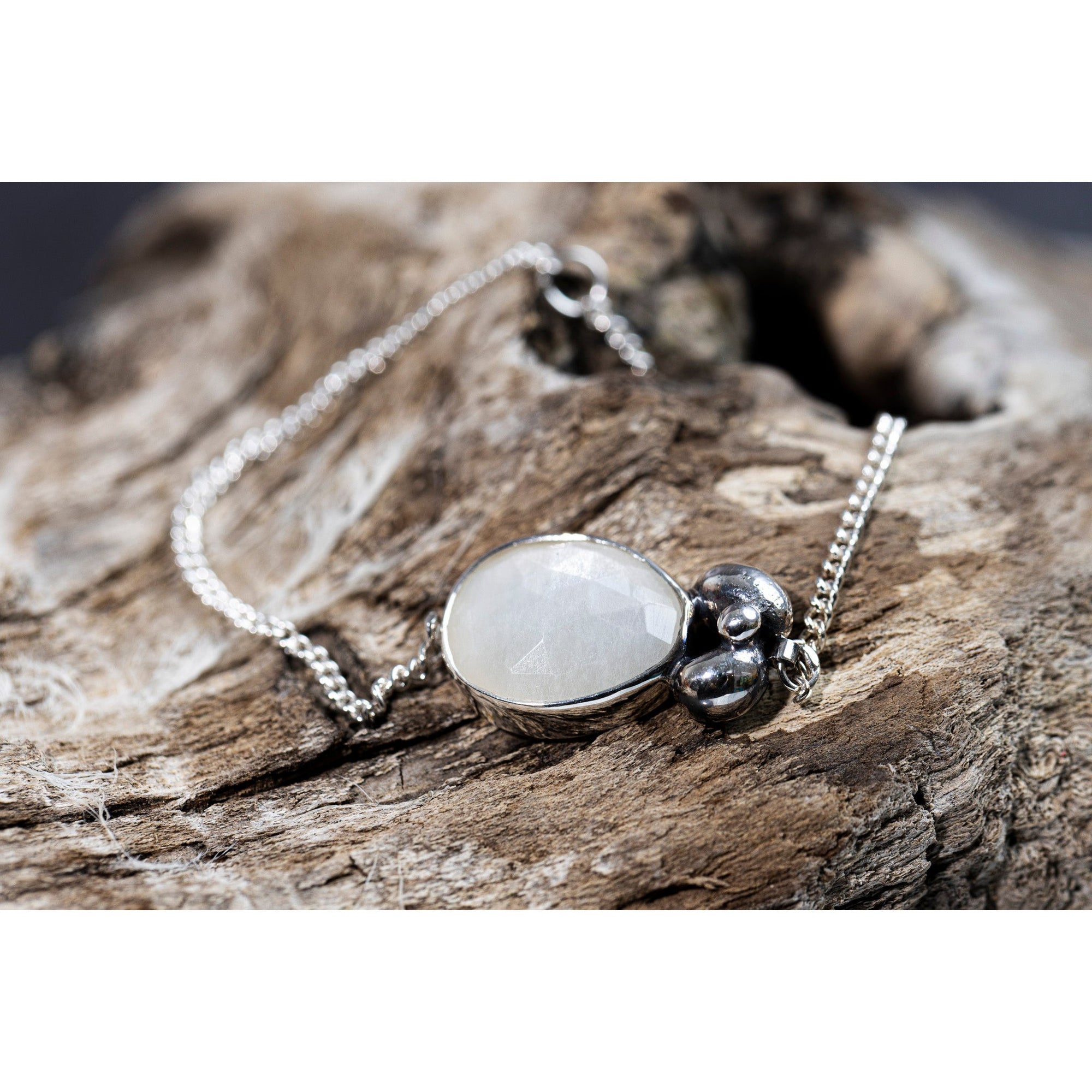 RL15 White Moonstone Cluster Bracelet by Rebecca Lawley, available at Padstow Gallery, Cornwall