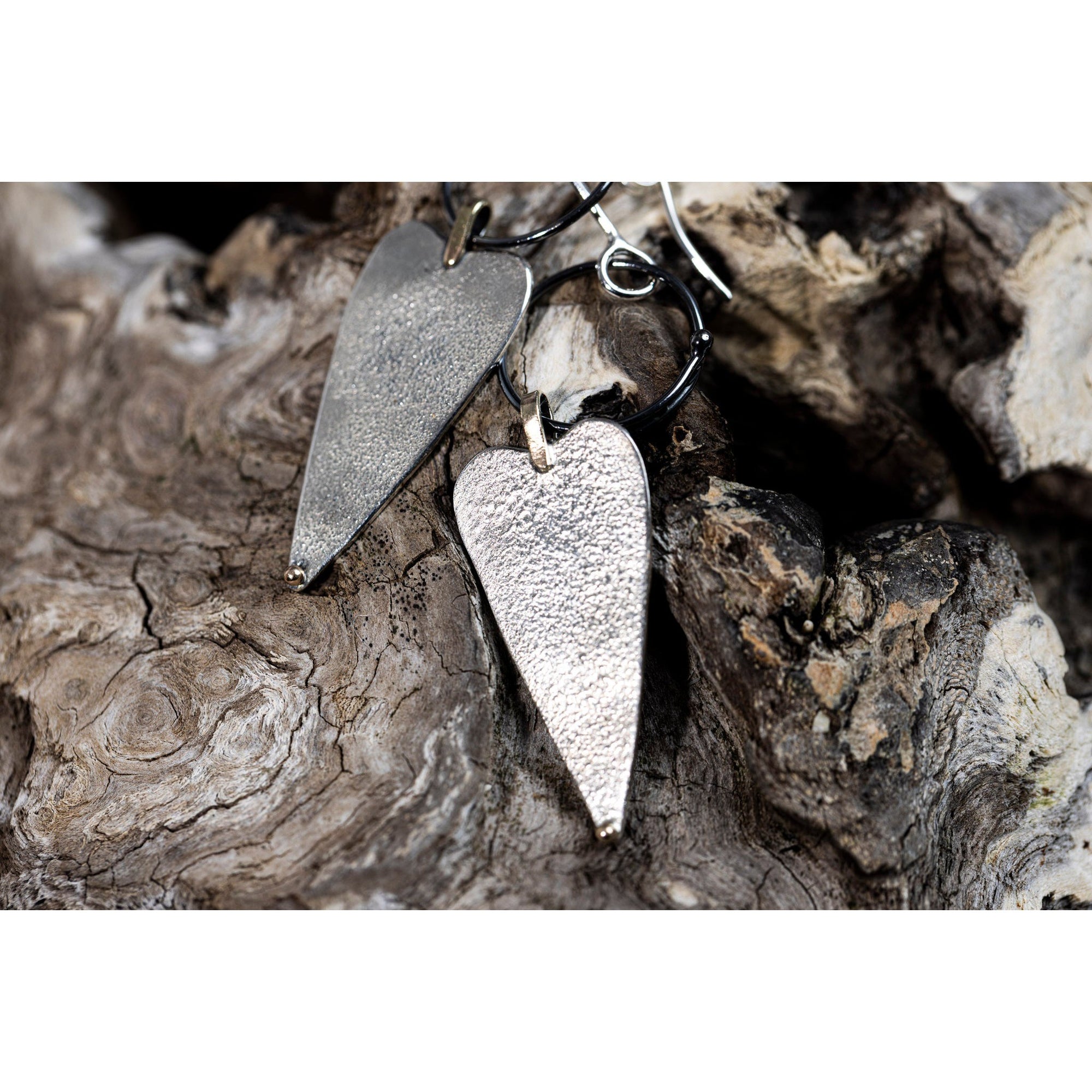 SA Ea171 silver heart drop earrings by Sandra Austin, available at Padstow Gallery, Cornwall