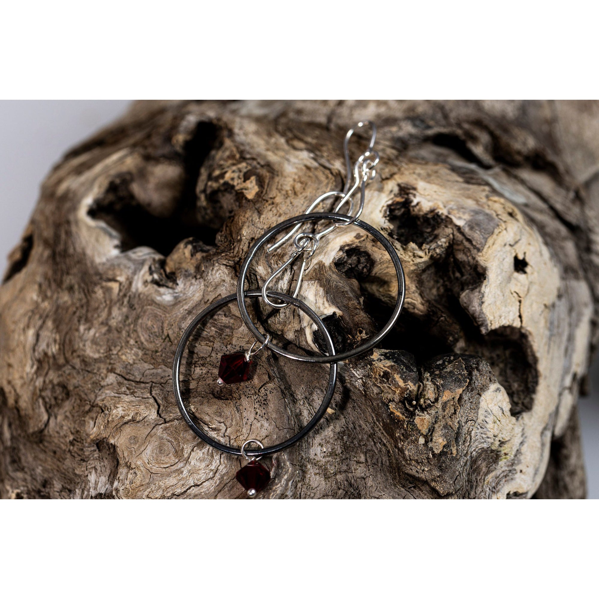 SA Ea168 oxidised silver hoop earrings with Swarovski crystal by Sandra Austin jewellery, available at Padstow Gallery, Cornwall