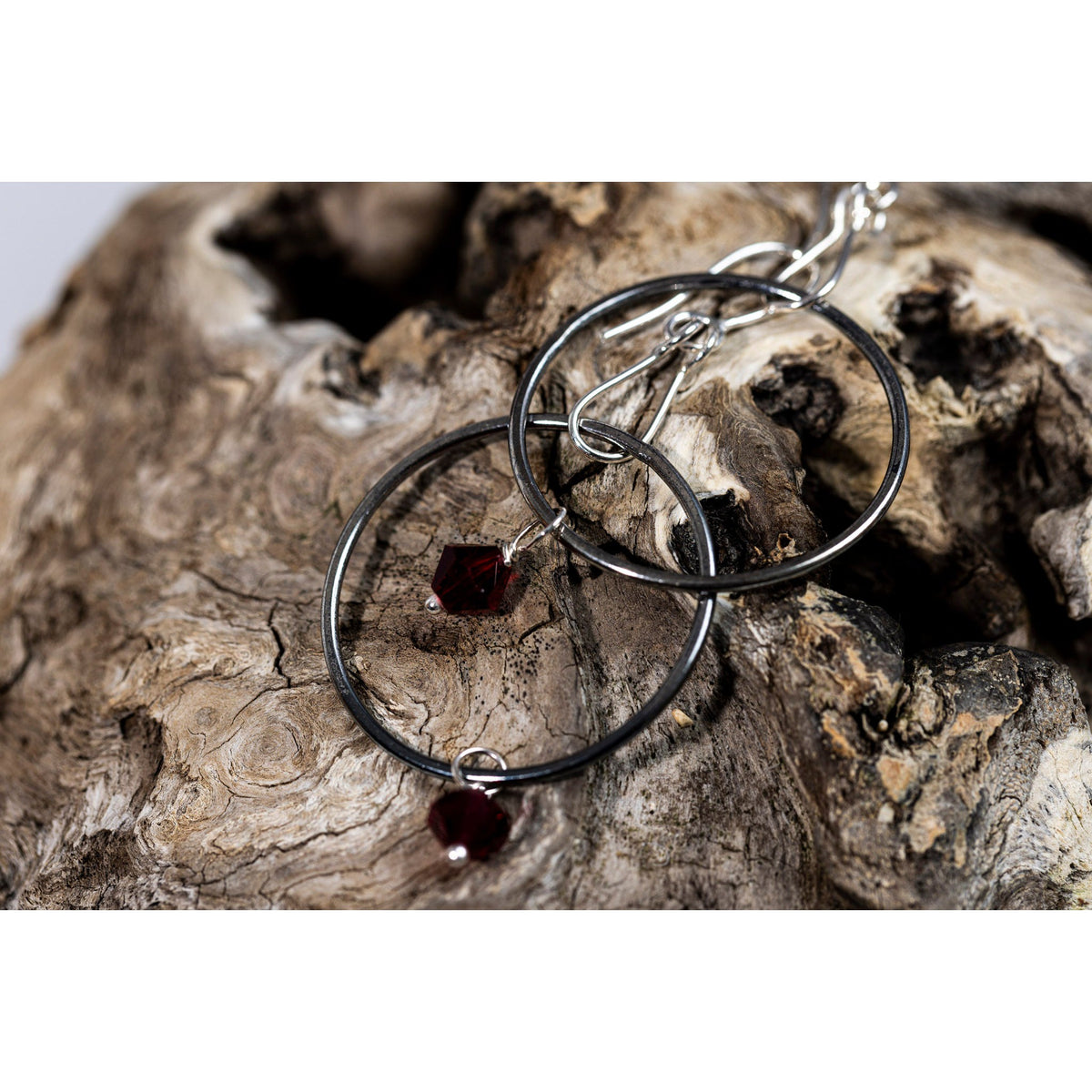 SA Ea168 oxidised silver hoop earrings with Swarovski crystal by Sandra Austin jewellery, available at Padstow Gallery, Cornwall