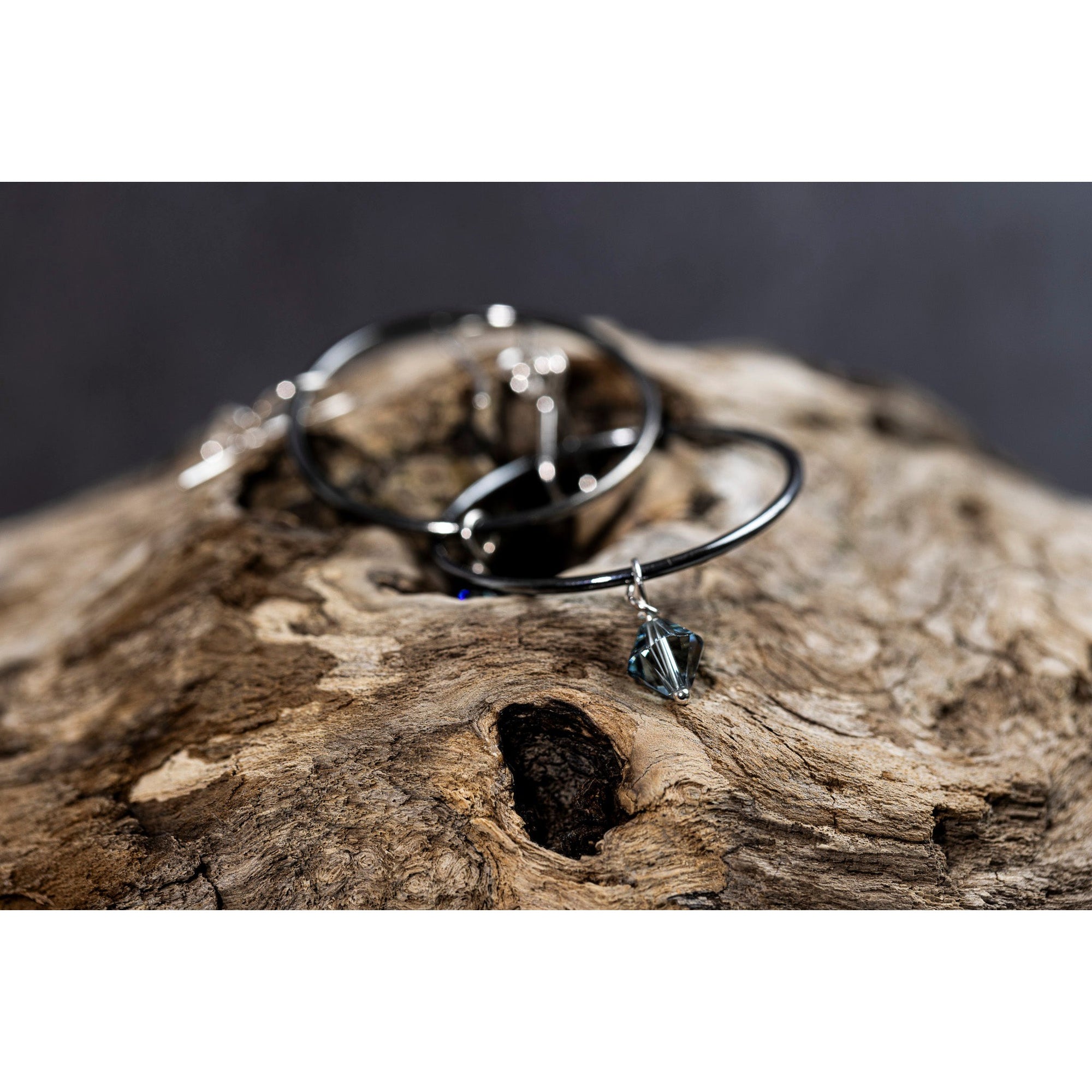 SA Ea166 oxidised silver hoop earrings with crystal charm by Sandra Austin jewellery, available at Padstow Gallery, Cornwall