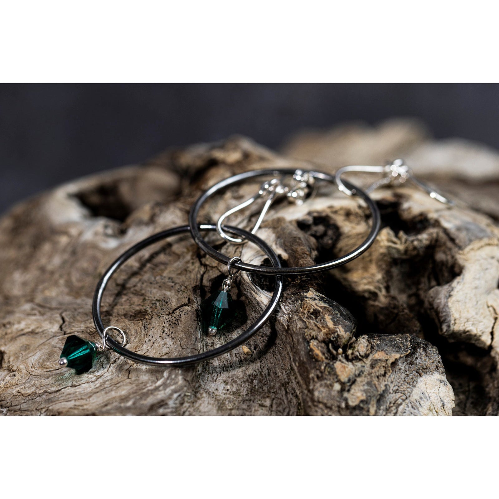 SA Ea167 silver hoops with emerald crystal by Sandra Austin jewellery, available at Padstow Gallery, Cornwall