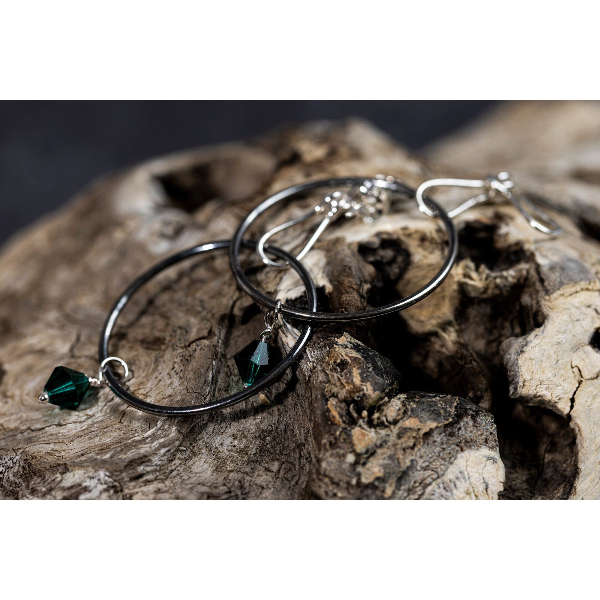 SA Ea167 silver hoops with emerald crystal by Sandra Austin jewellery, available at Padstow Gallery, Cornwall