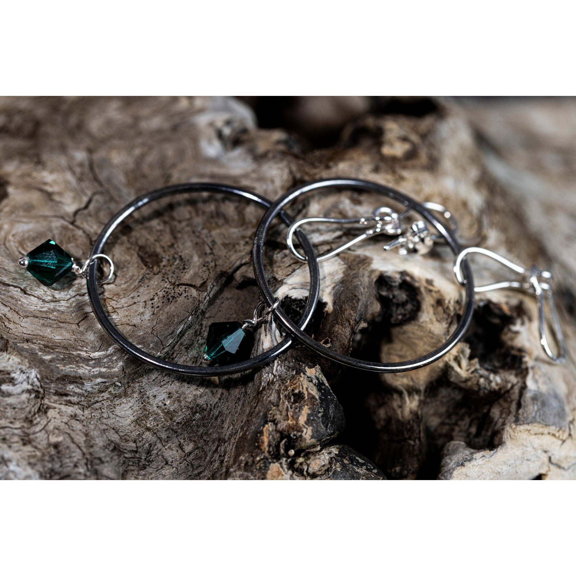 SA Ea167 silver hoops with emerald crystal by Sandra Austin jewellery, available at Padstow Gallery, Cornwall