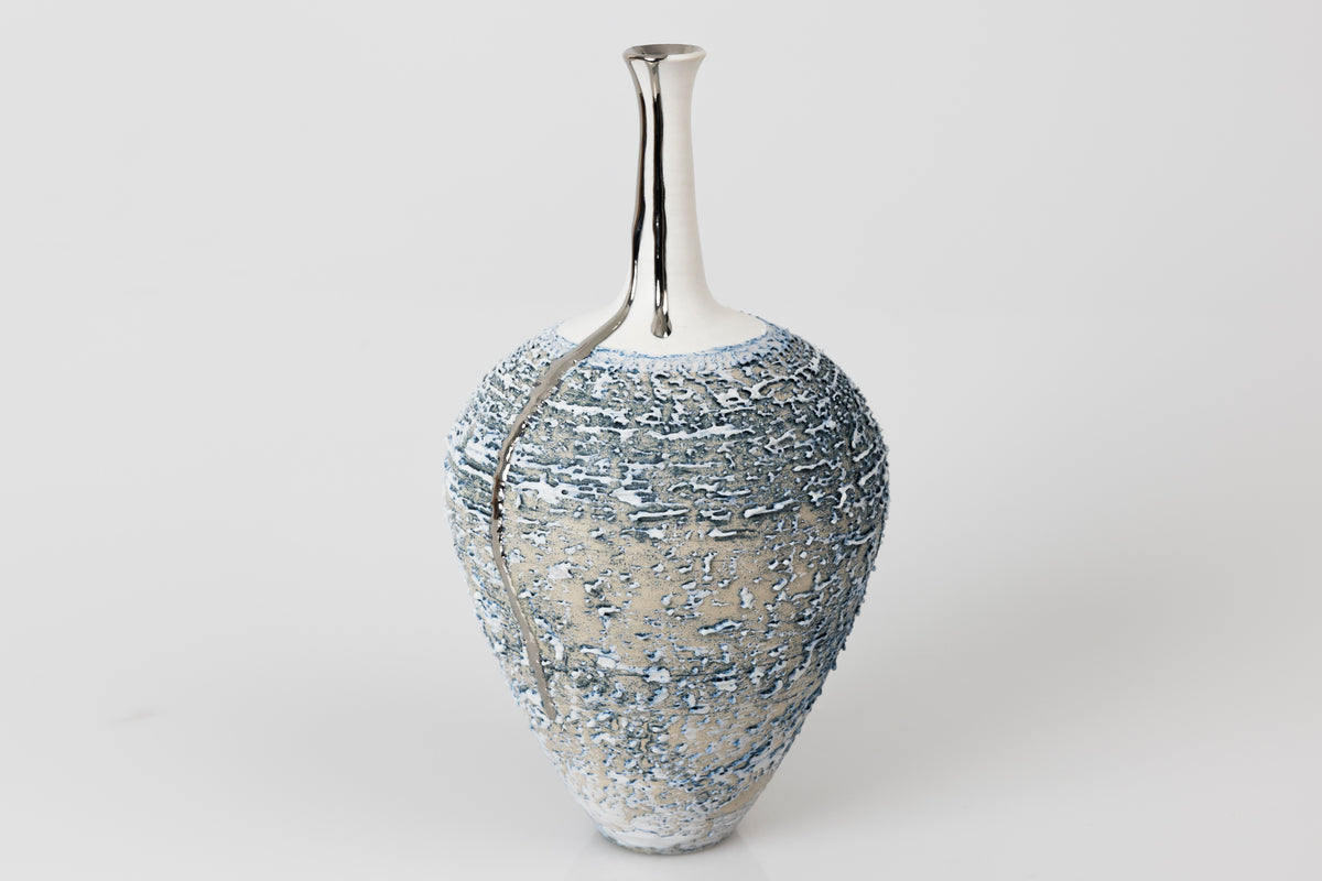 PGX39 Textured long necked vase with Platinum Lustre by Alex McCarthy available at Padstow Gallery