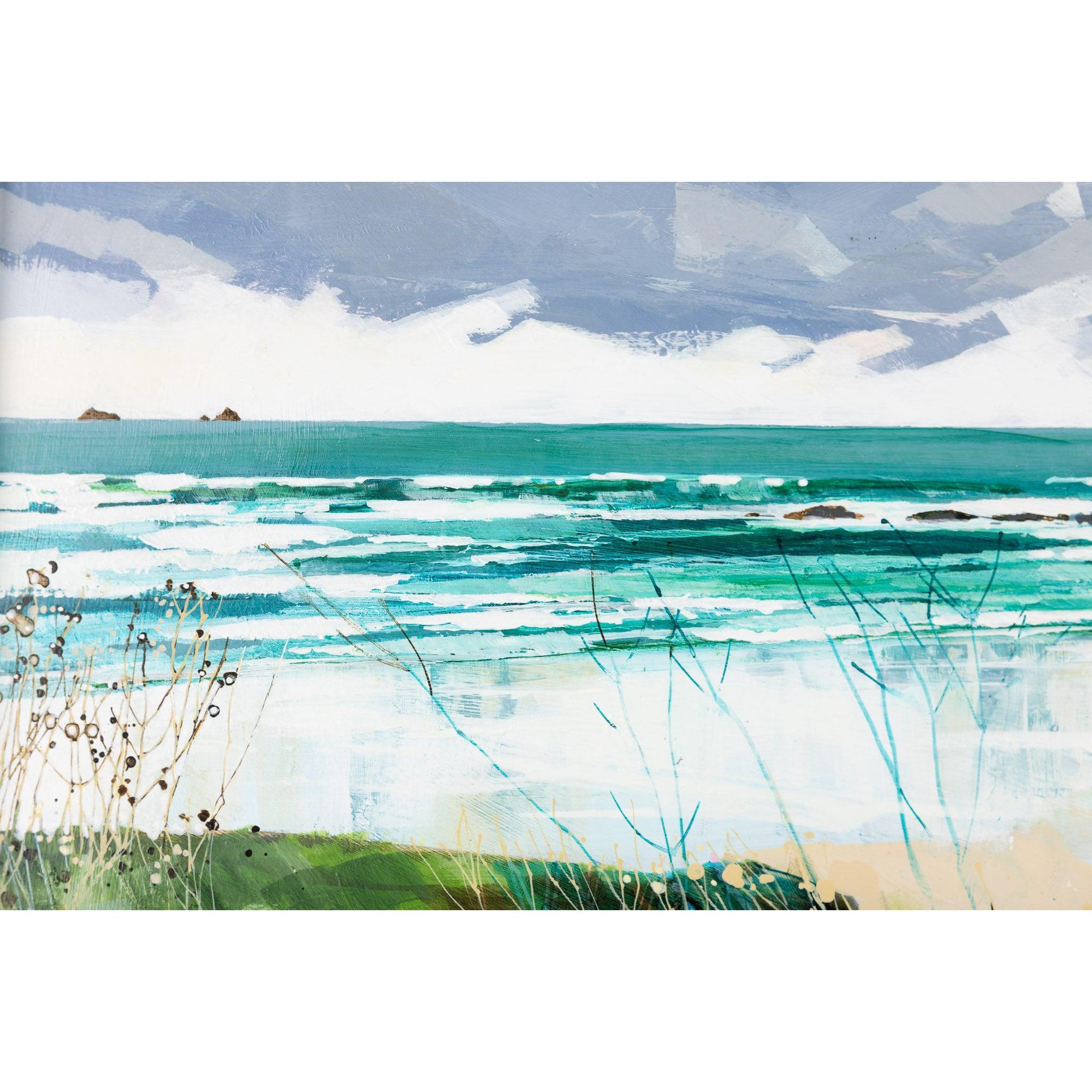 Moody Skies at Treyarnon by Lucy Davies fine art available at Padstow Gallery, Cornwall