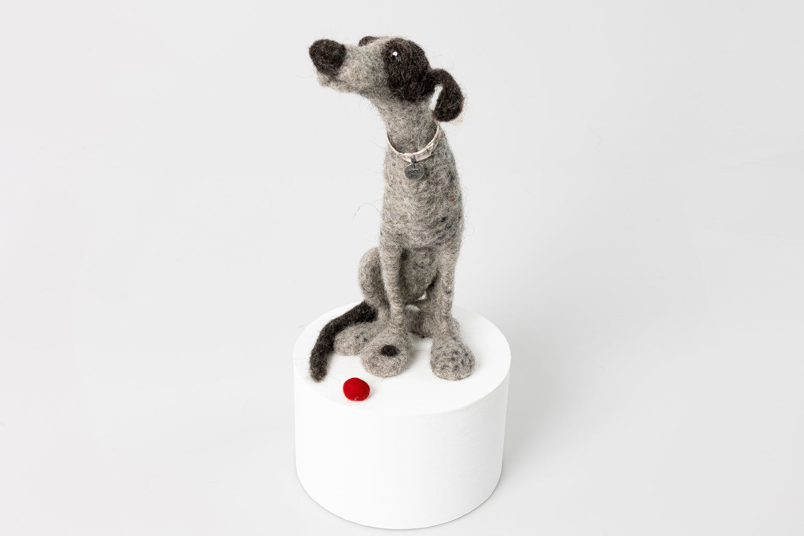 'Tezla' needlefelt character dog by Kate Toms, available at Padstow Gallery, Cornwall