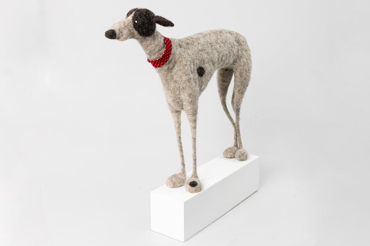 &#39;Razor&#39; needlefelt character dog by Kate Toms, available at Padstow Gallery, Cornwall