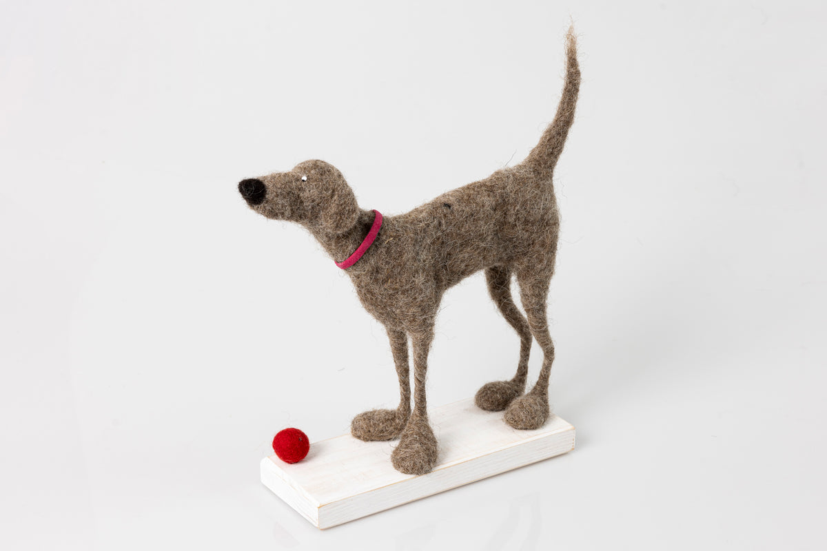 &#39;Good Boy&#39; needlefelt character dog by Kate Toms, available at Padstow Gallery, Cornwall