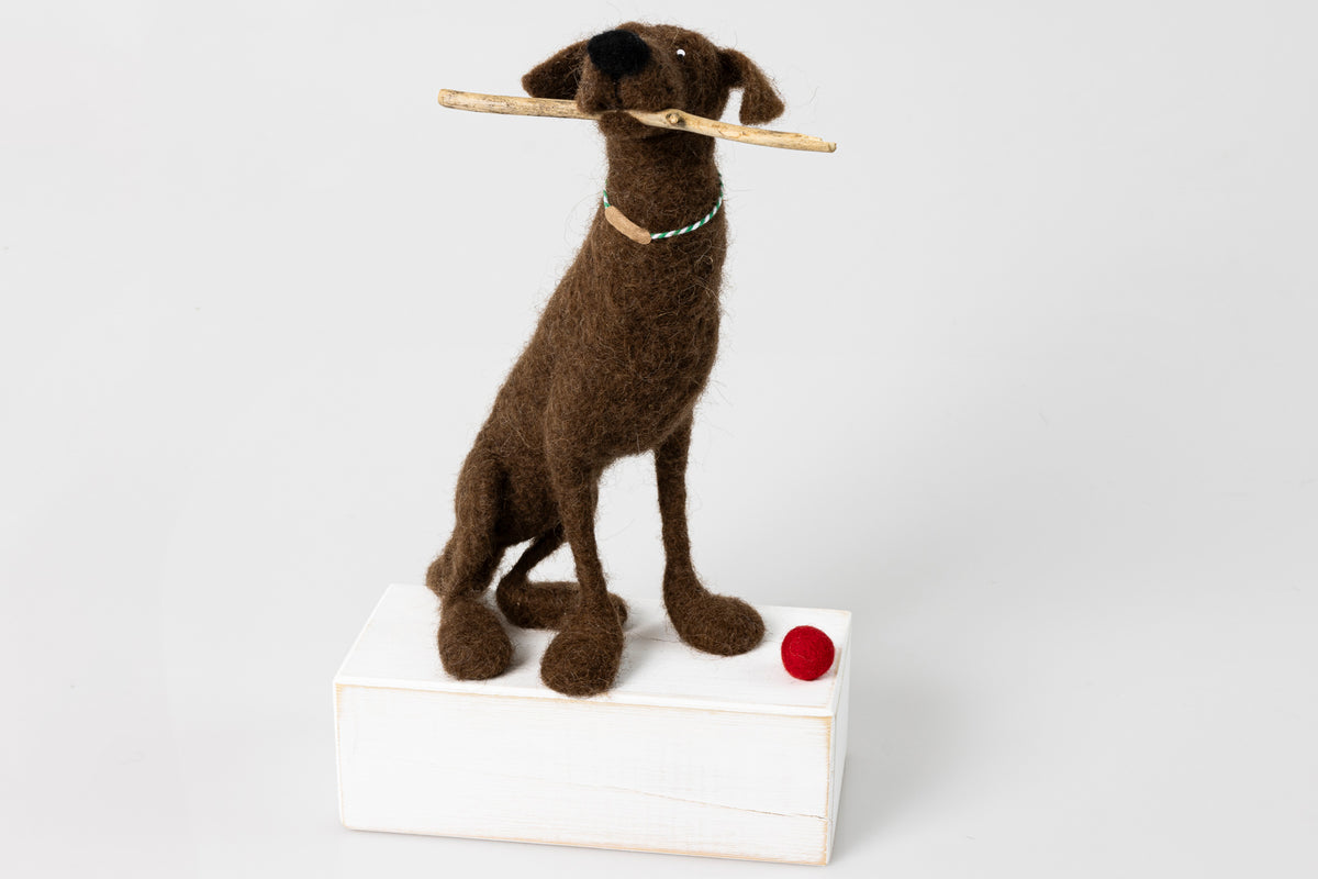 &#39;Percy&#39; needlefelt character dog by Kate Toms, available at Padstow Gallery, Cornwall