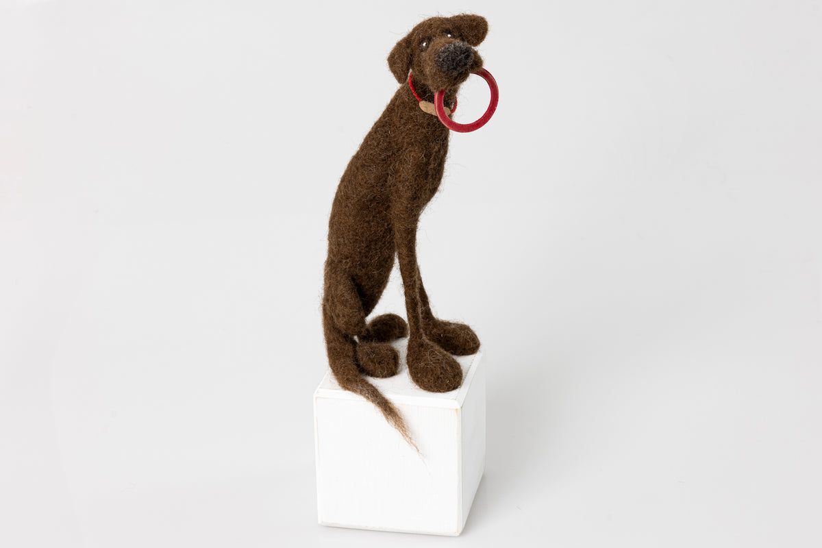 &#39;Tina&#39; needlefelt character dog by Kate Toms, available at Padstow Gallery, Cornwall