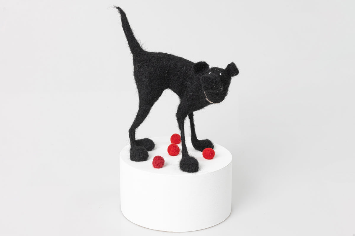 &#39;Billy The Bugger&#39; needlefelt character dog by Kate Toms, available at Padstow Gallery, Cornwall