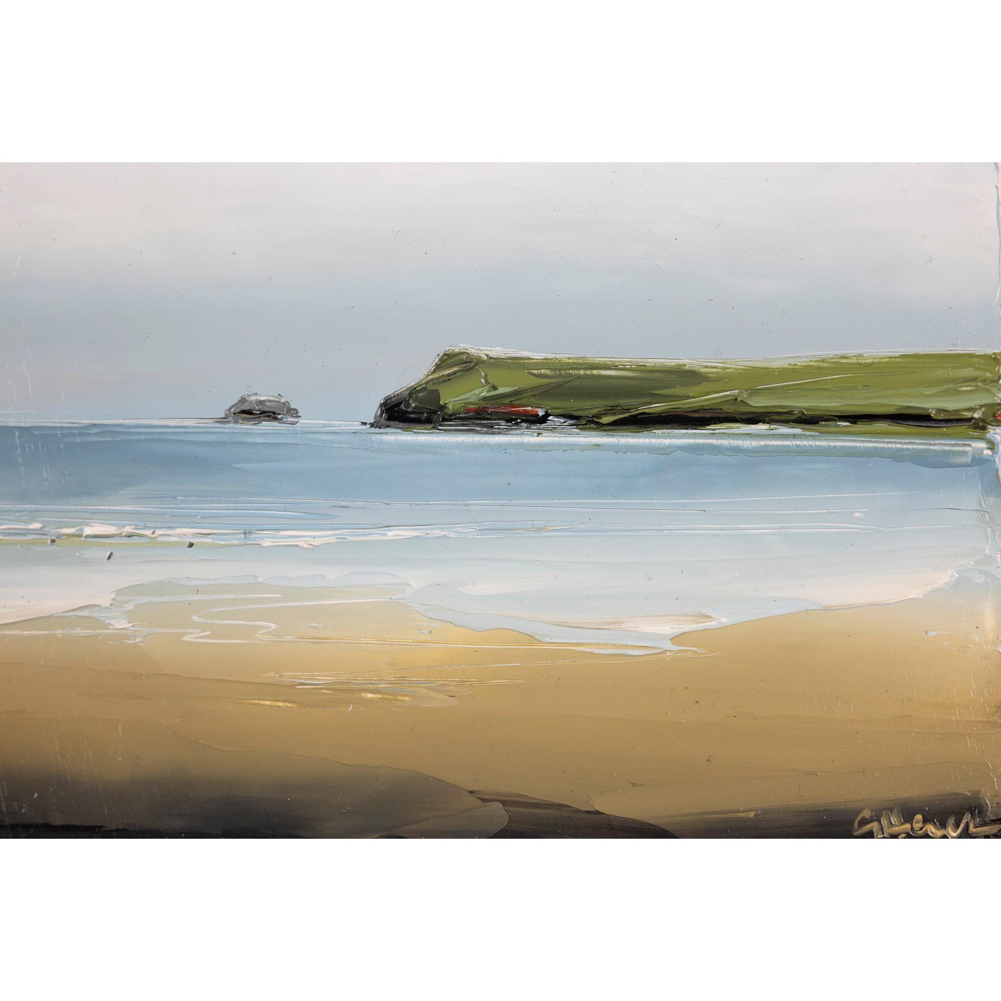 Close up of 'Soft Horizon, Polzeath' oil original painting by Georgia Hart, available at Padstow Gallery, Cornwall