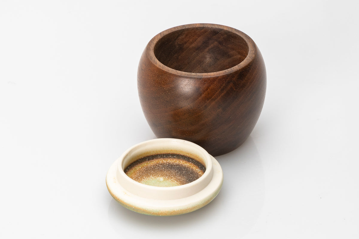 Walnut wave pot by Kate Schuricht ceramics, available at Padstow Gallery Cornwall