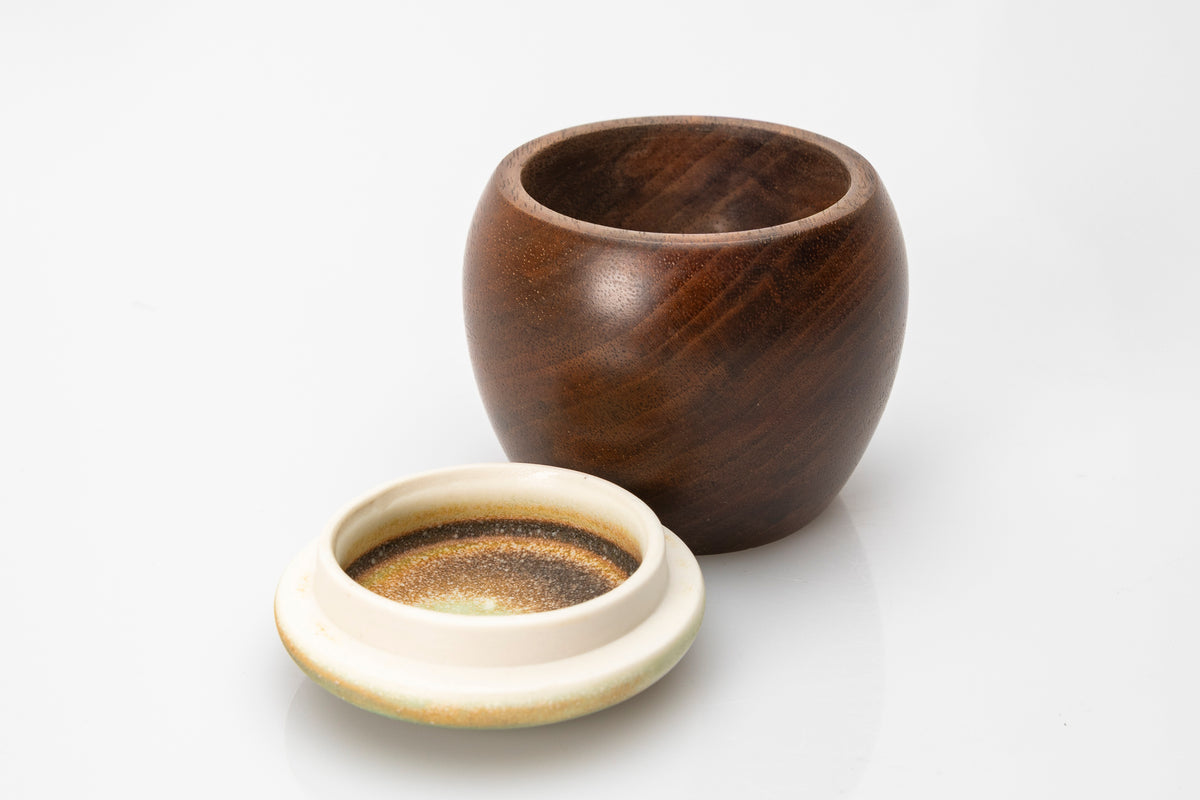 Walnut wave pot by Kate Schuricht ceramics, available at Padstow Gallery Cornwall