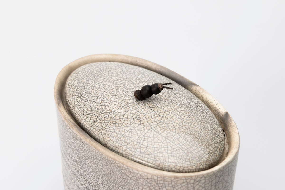 Raku oval container by Kate Schuricht ceramics, available at Padstow Gallery Cornwall
