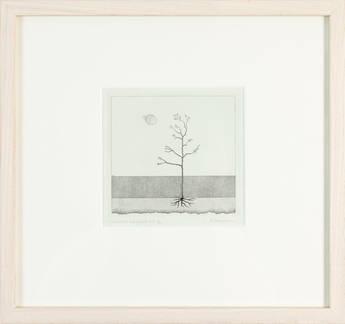 &#39;Moon, Tree &amp; Granite Field&#39; copperplate engraving by Brian Hanscomb, available at Padstow Gallery, Cornwall