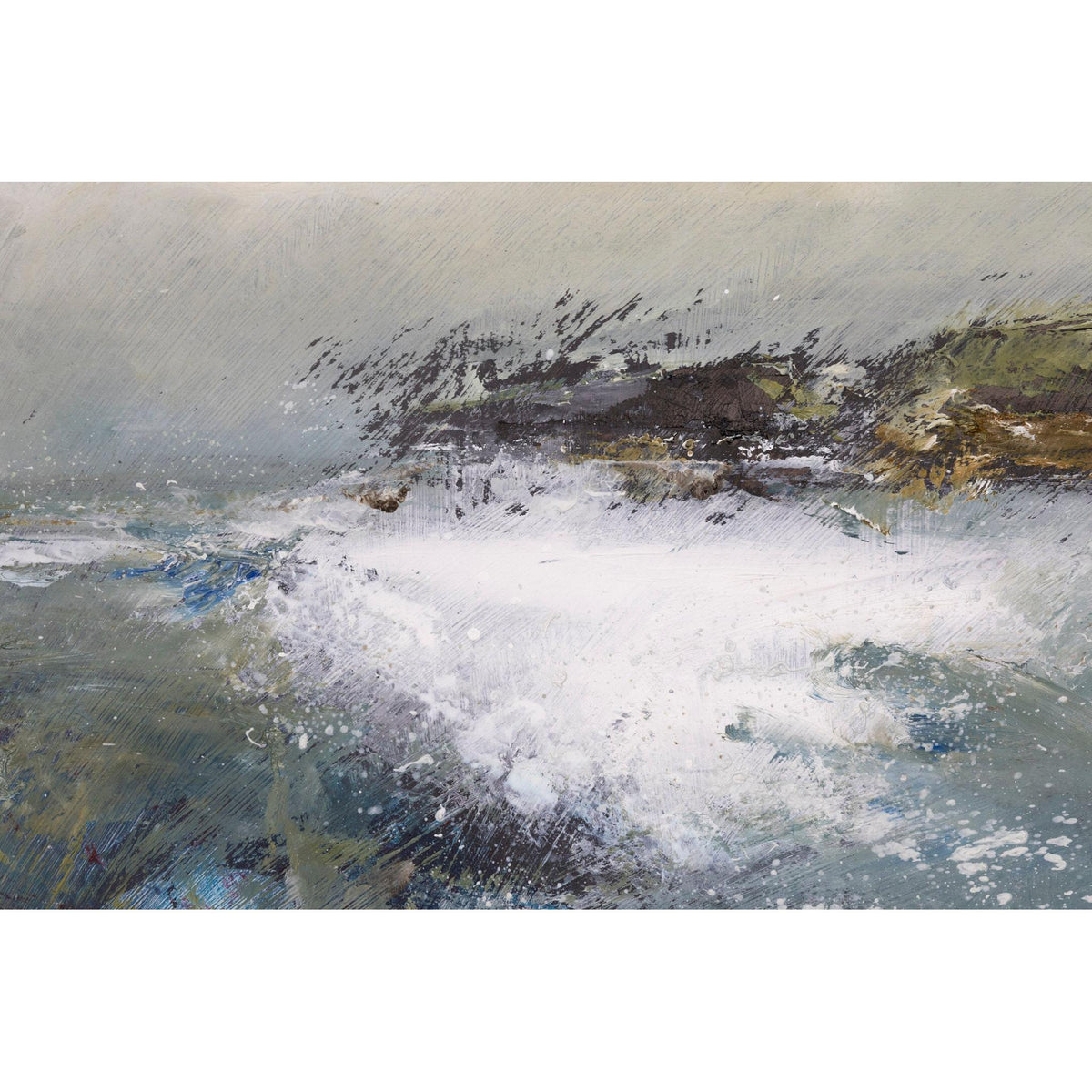 Impressionistic landscape painting of a coastal scene with a large white surf area, dark rocky shoreline, and muted blue-gray water under a pale sky.