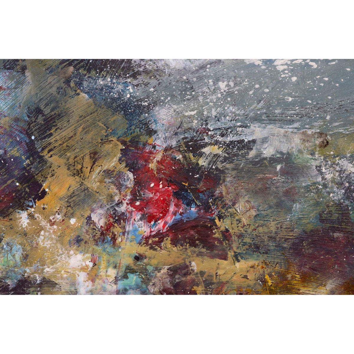 Abstract textured painting with expressive brushstrokes and splatters in gray, blue, gold, red, brown, and white.