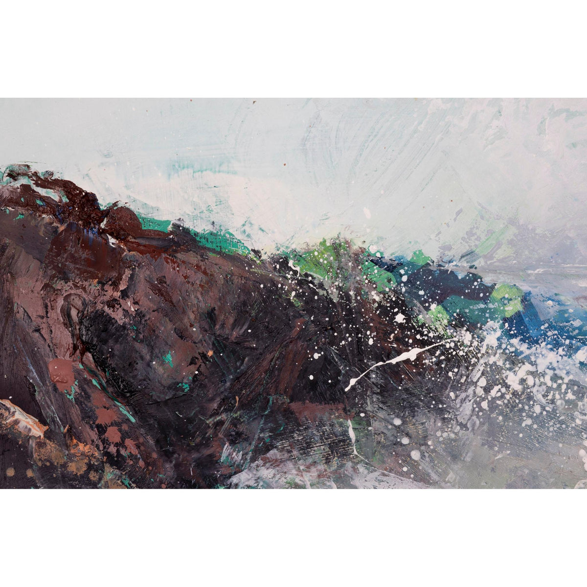Abstract landscape painting featuring textured dark brown and black mountains or cliffs on the left, transitioning into splashes of green, blue, and white on a light gray background.