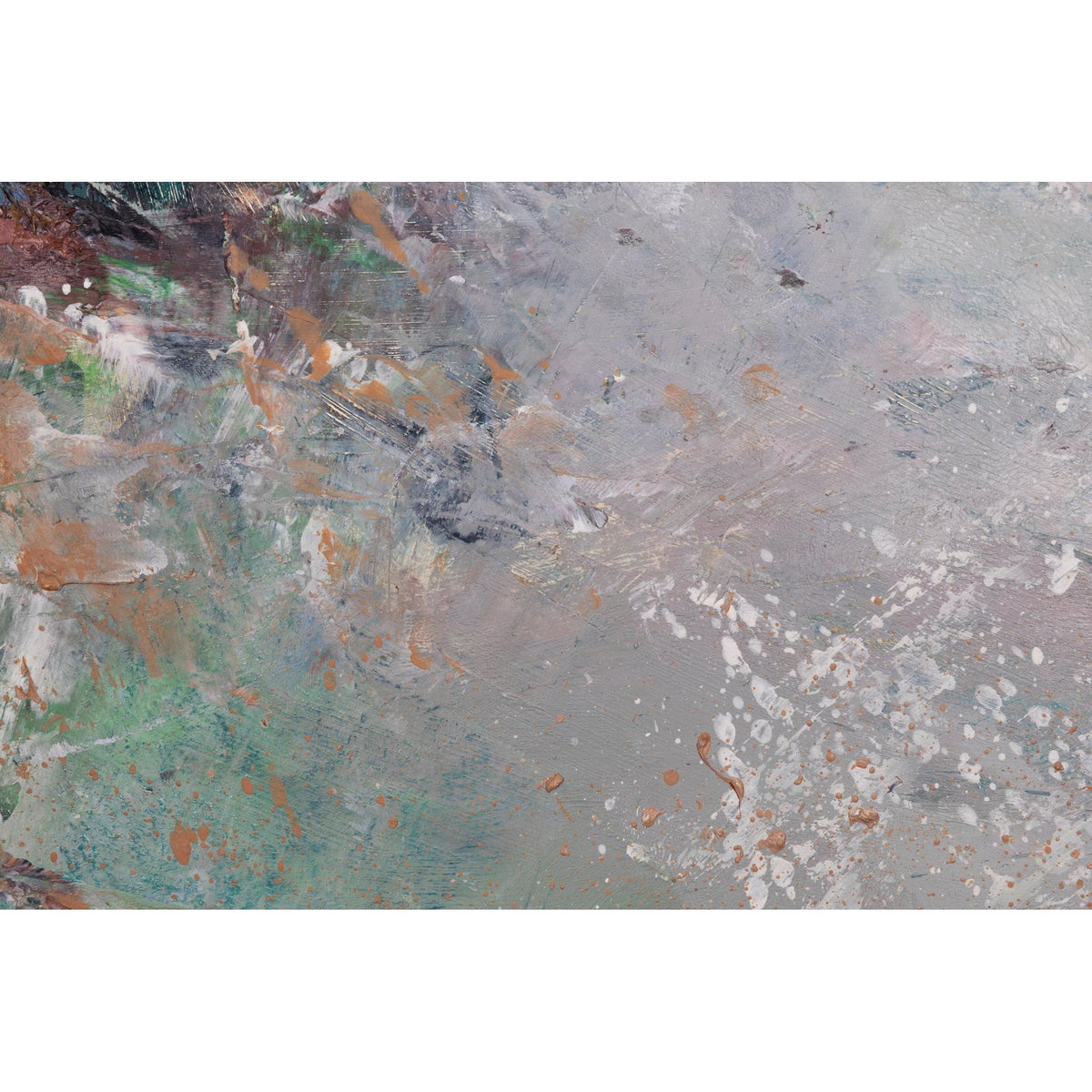 Abstract textured painting with layered brushstrokes in gray, white, muted green, brown, and touches of orange, filling the entire frame.
