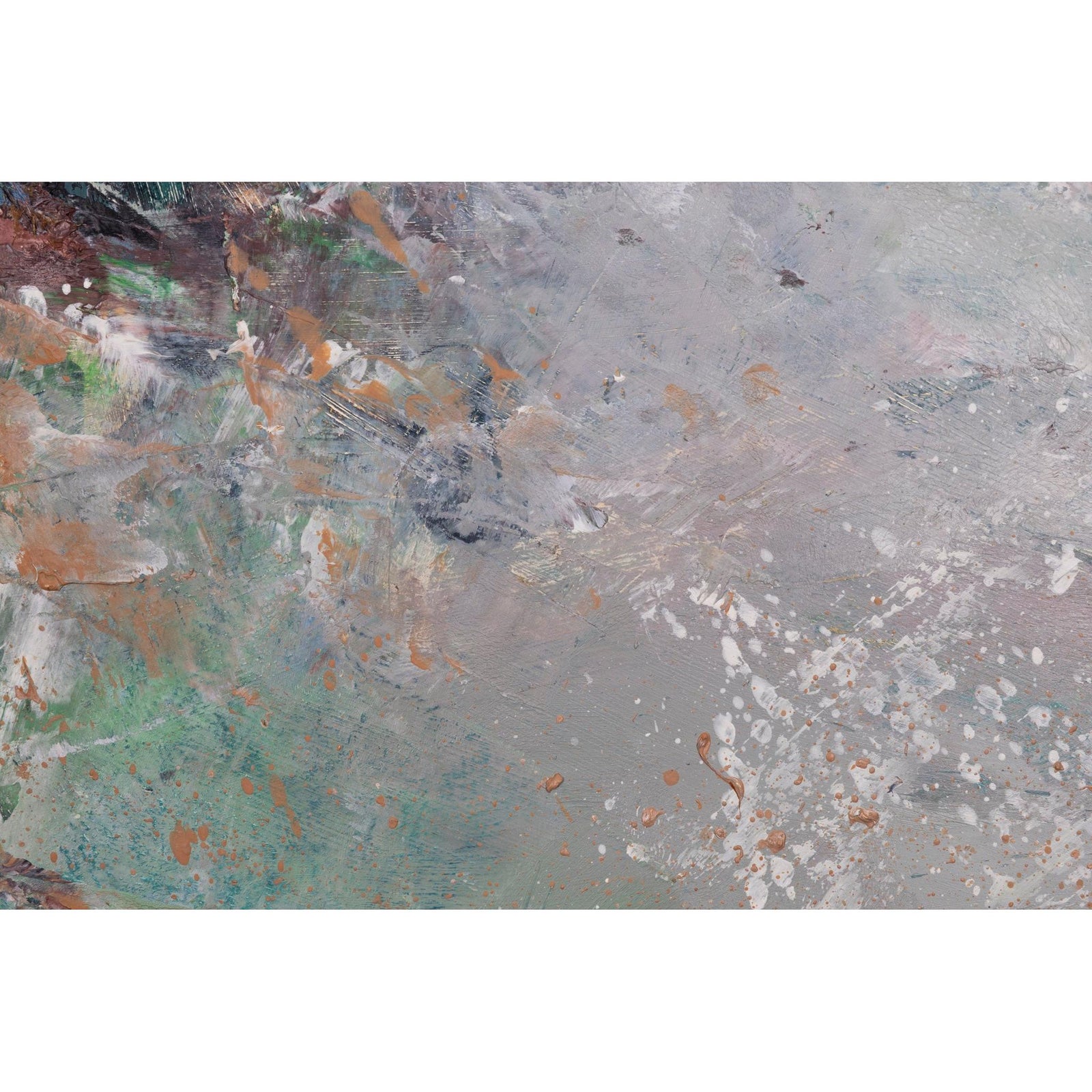 Abstract textured painting with layered brushstrokes in gray, white, muted green, brown, and touches of orange, filling the entire frame.