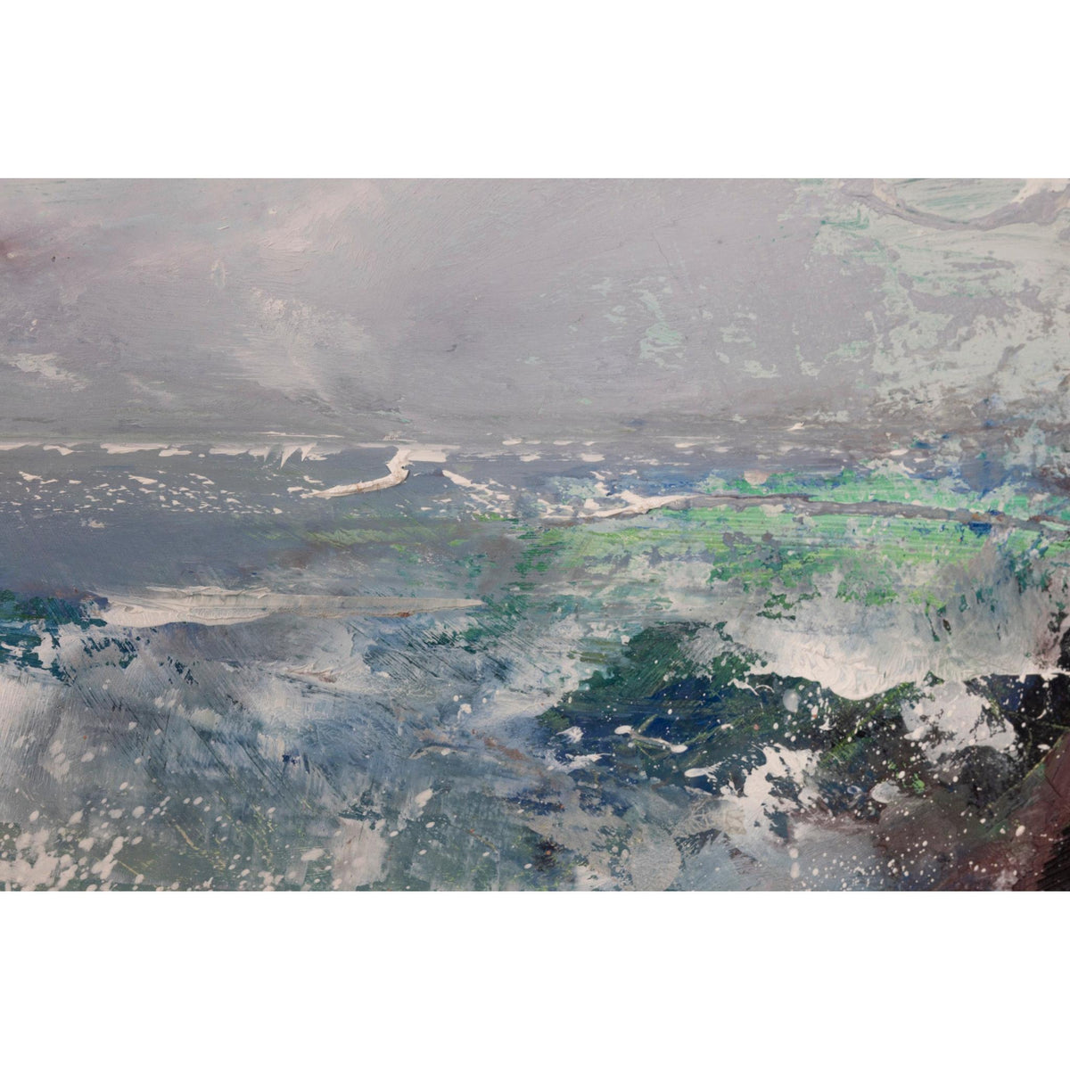 An abstract landscape painting featuring textured brushstrokes of gray, blue, green, and white, depicting a misty coastal or river scene.
