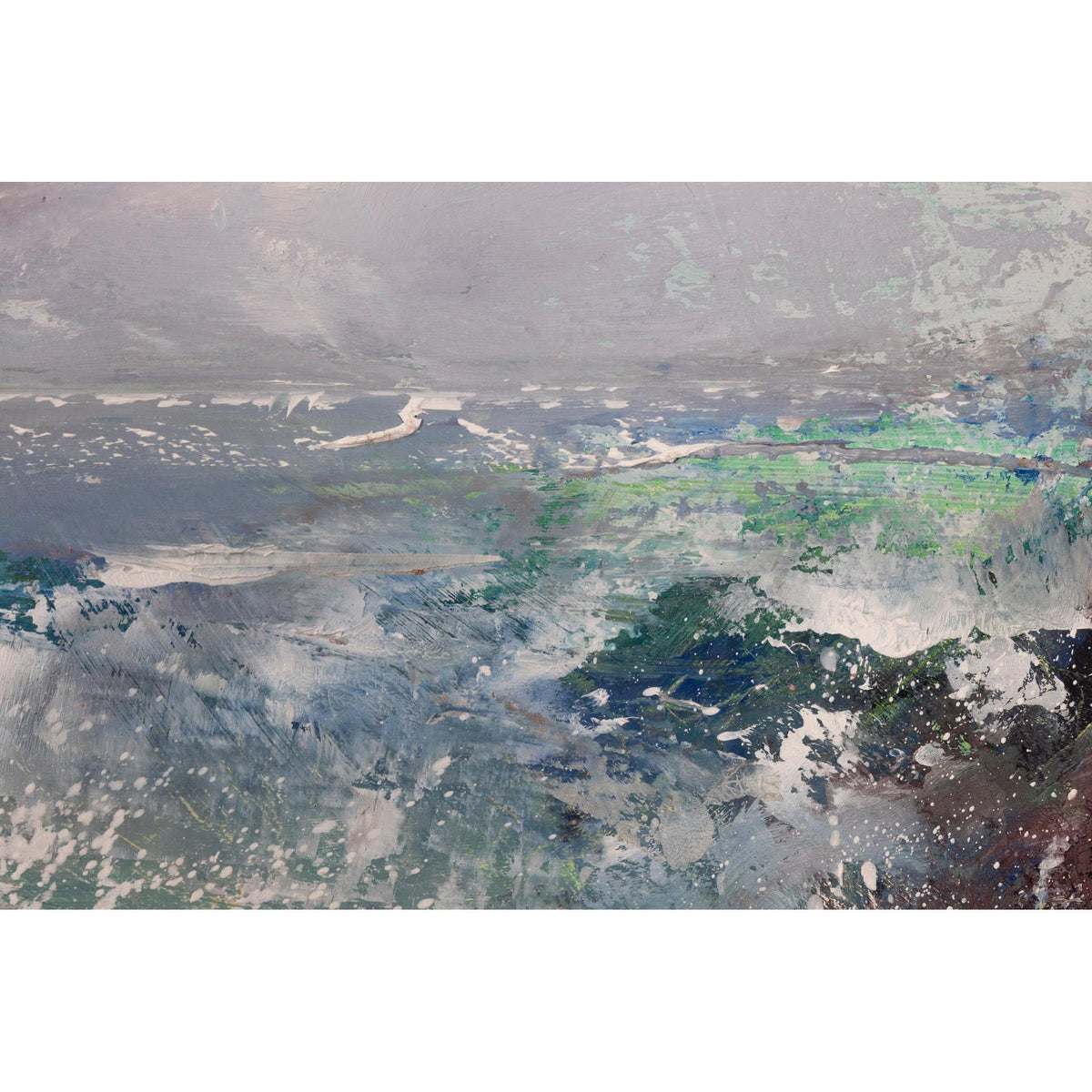 An abstract landscape painting featuring textured brushstrokes of gray, white, blue, green, and dark charcoal tones.