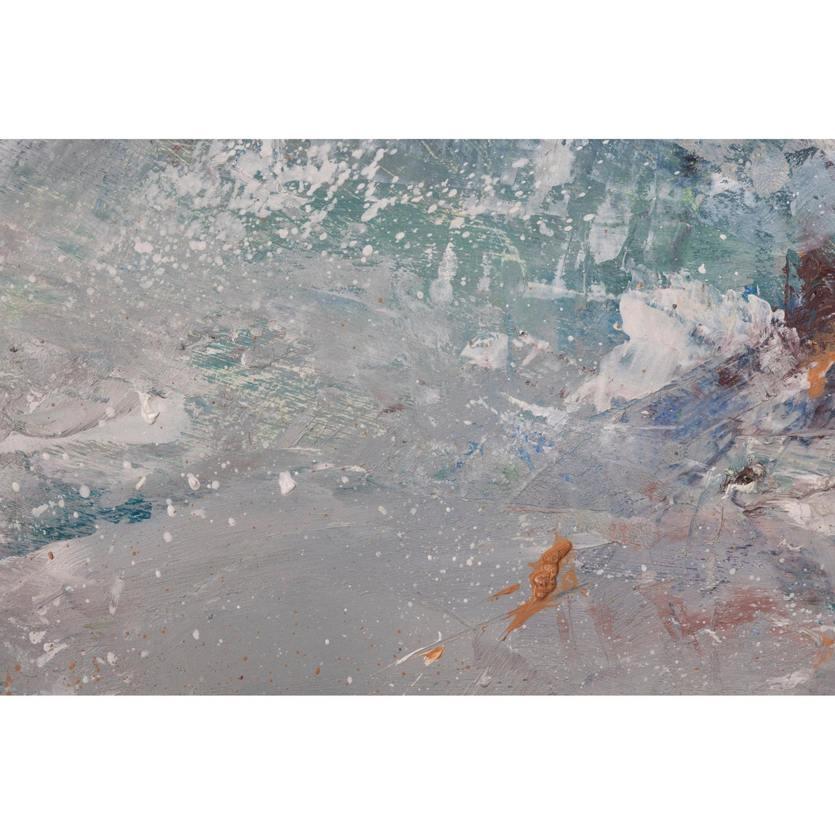 Abstract canvas painting with textured impasto brushstrokes in shades of gray, white, and teal, accented with splatters and a small warm brown figure near the lower right.