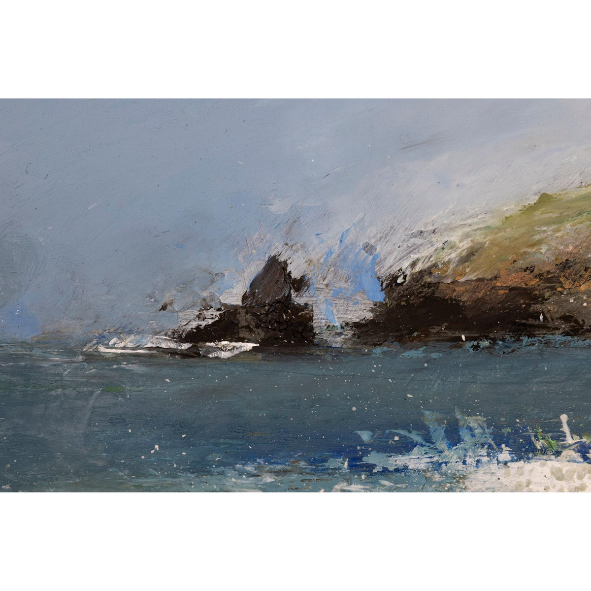 Impressionistic oil painting of a coastal seascape with blue-gray water, dark rocky shoreline, and pale sky, rendered with visible brushstrokes.