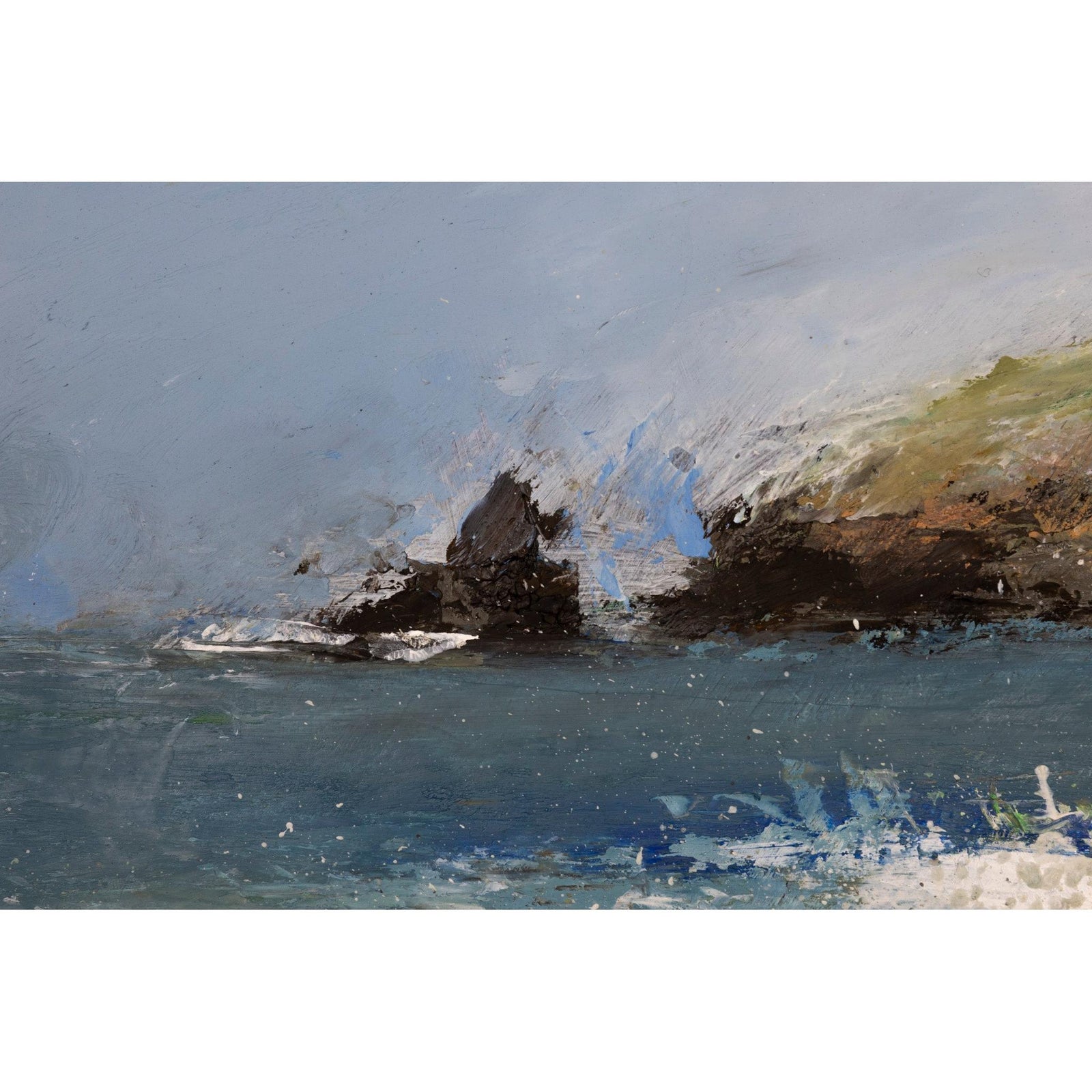 Impressionistic oil painting of a coastal seascape with blue-gray water, dark rocky shoreline, and pale sky, rendered with visible brushstrokes.