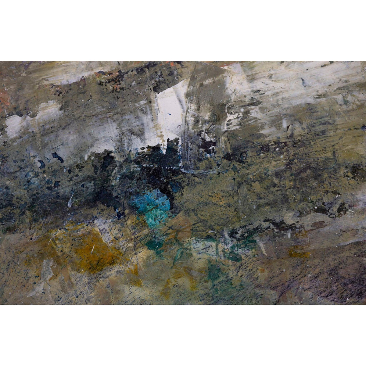 Abstract textured painting with layered brushstrokes in gray, beige, brown, black, muted gold, and a small turquoise accent.