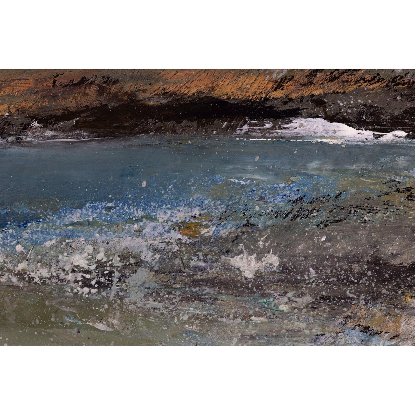 An abstract landscape painting depicting a body of water with a dark, textured shoreline in earthy brown, black, and orange tones.