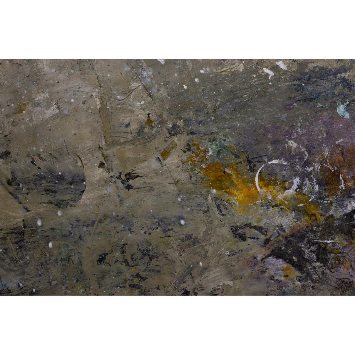 Abstract textured painting with layered brushstrokes in gray, brown, black, white, and orange-yellow tones.