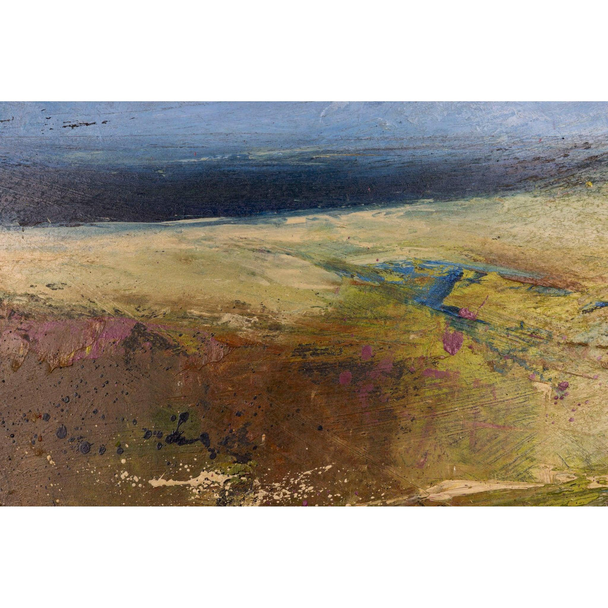 An abstract landscape painting depicting a vast valley with a dark, dramatic sky, golden fields, and earthy brown and purple accents.