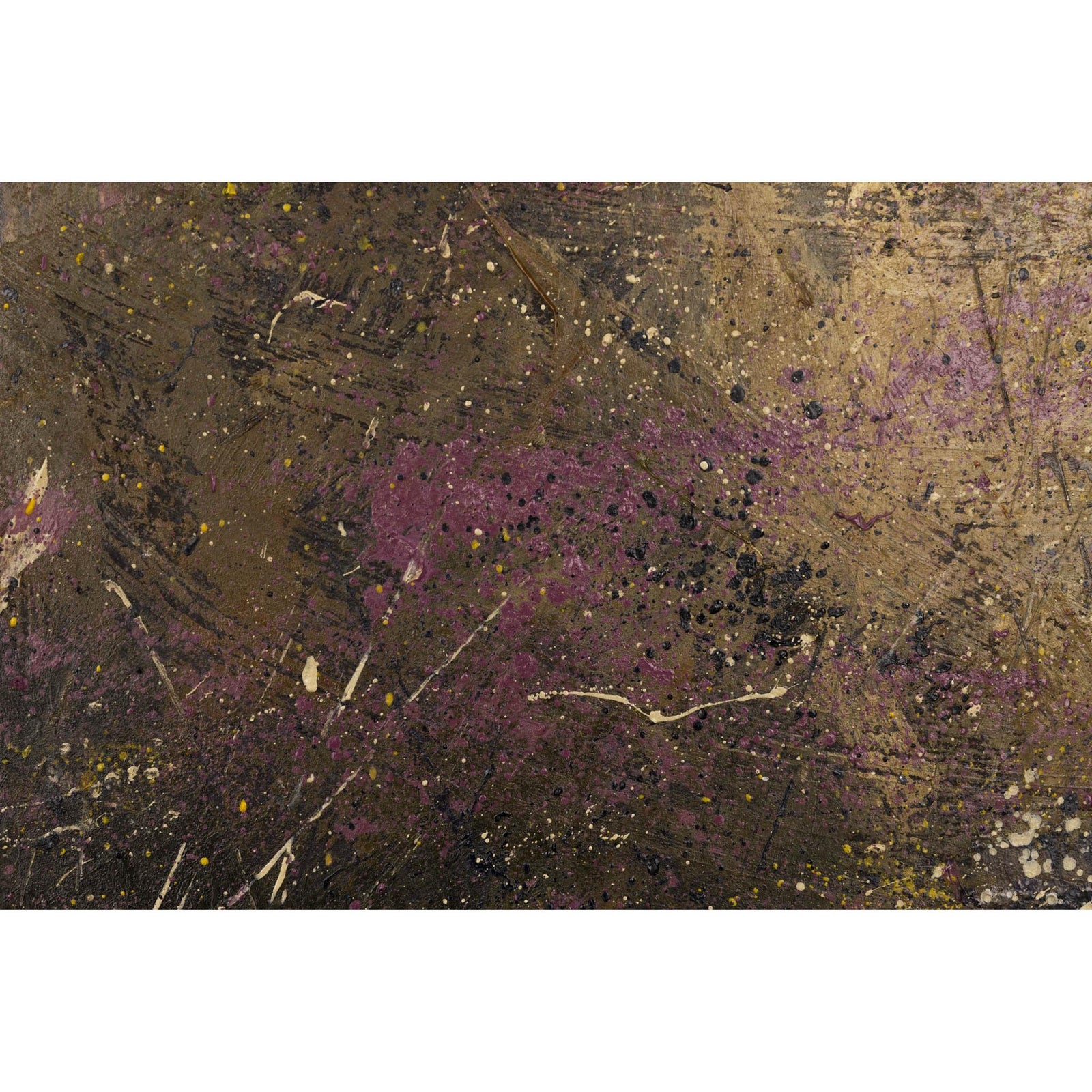 Abstract textured painting with a distressed metallic gold-brown background, splattered magenta-purple paint, black splatters, and scattered small yellow and white flecks.