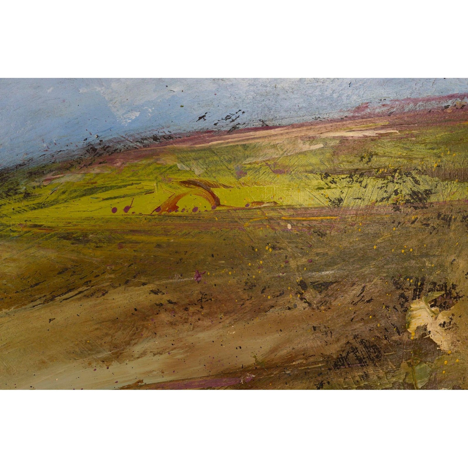 Abstract landscape painting with textured brushstrokes in yellow-green, brown, beige, and muted blue, with a small reddish-brown arch-like form near the center.