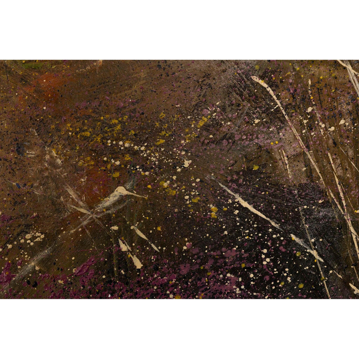 Abstract textured painting with a dark brown and black base, layered with splatters of purple, yellow, and white, and gestural brushstrokes across the surface.