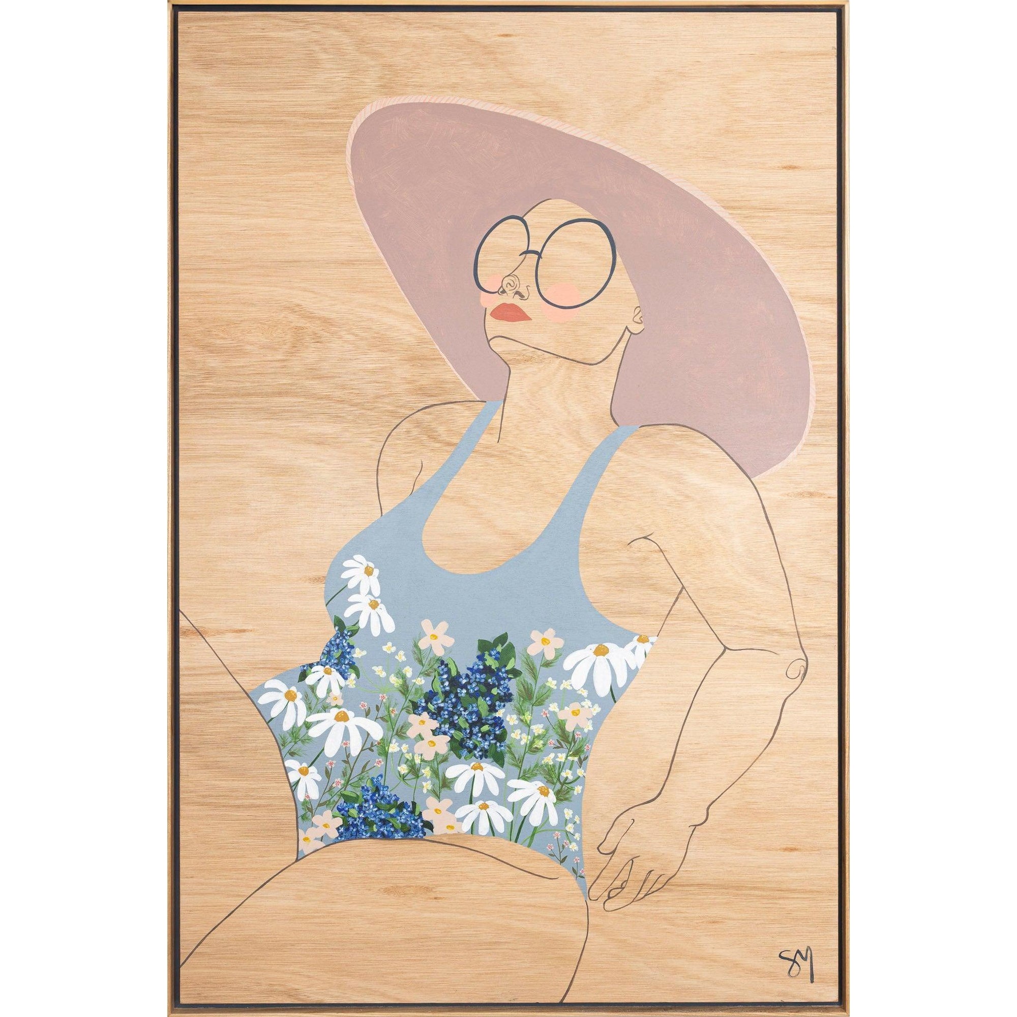 Bather in Flowers, gouache on board by Sophie Moore, available at Padstow Gallery, Cornwall